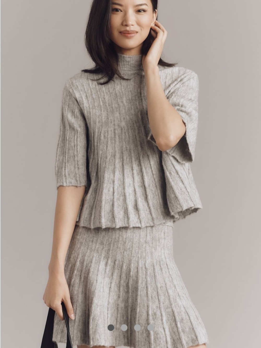 Maeve Ribbed Knit Short-Sleeve Sweater in Light Gray